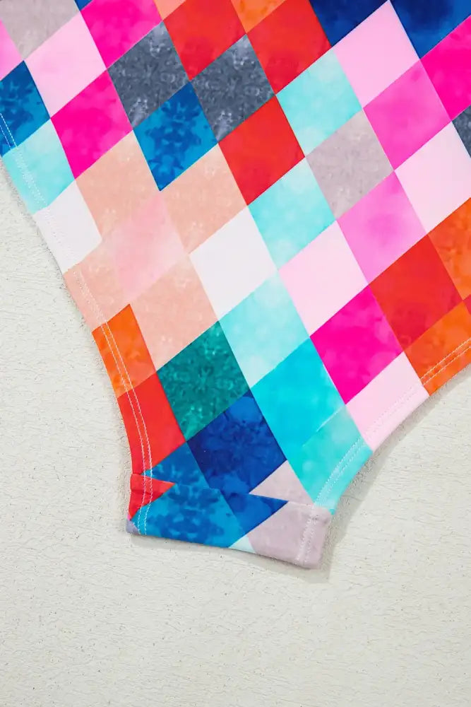 Multicolor Plaid Print Square Neck Frill Sleeveless Backless One-Piece Swimwear
