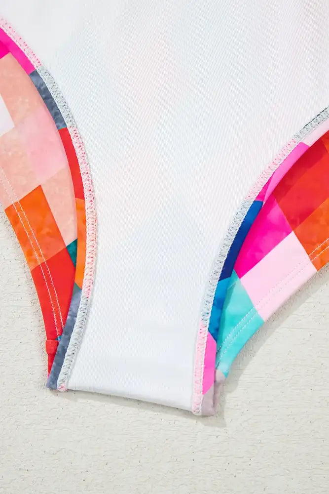 Multicolor Plaid Print Square Neck Frill Sleeveless Backless One-Piece Swimwear