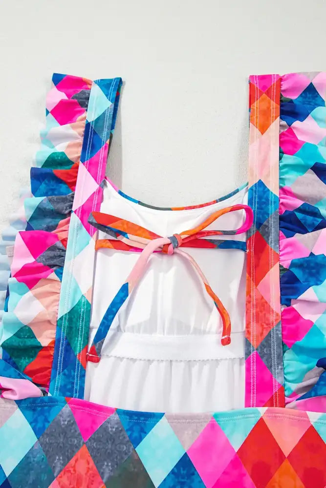 Multicolor Plaid Print Square Neck Frill Sleeveless Backless One-Piece Swimwear