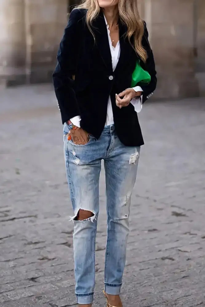 One Button Lapel Collar Long Sleeve Blazer