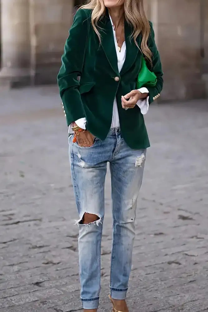 One Button Lapel Collar Long Sleeve Blazer