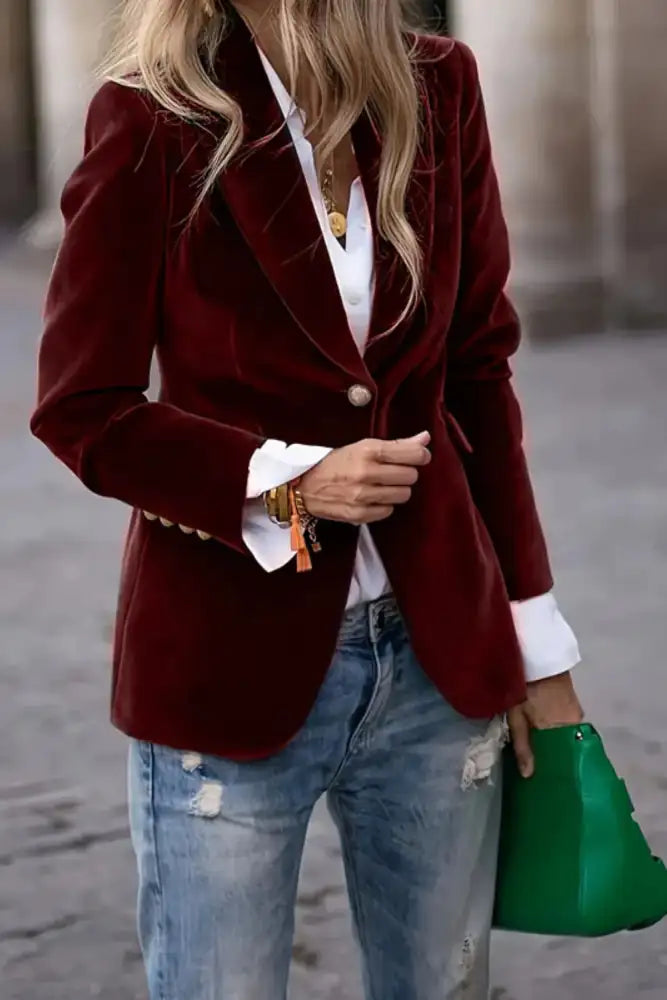 One Button Lapel Collar Long Sleeve Blazer