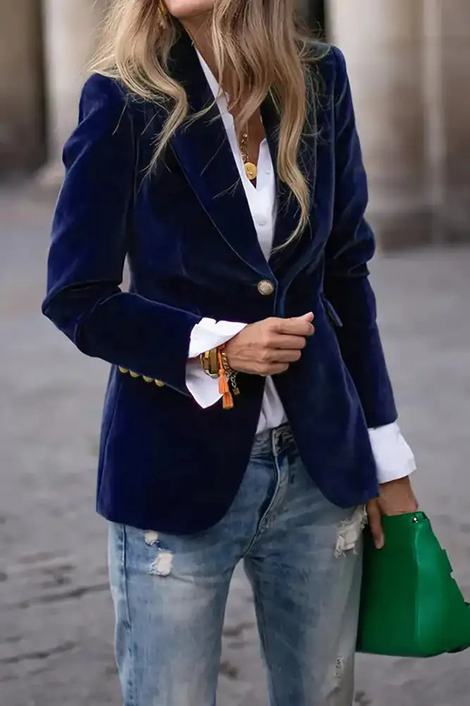 One Button Lapel Collar Long Sleeve Blazer
