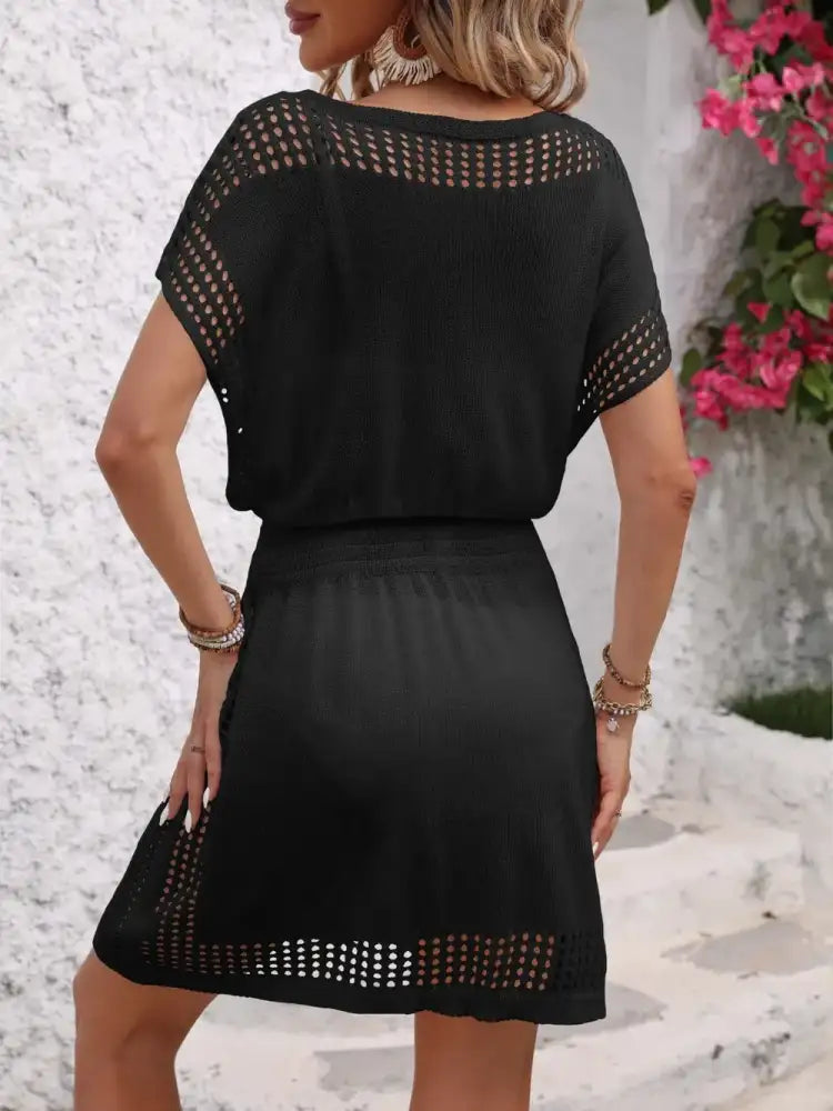 Openwork V-Neck Short Sleeve Cover-Up Dress