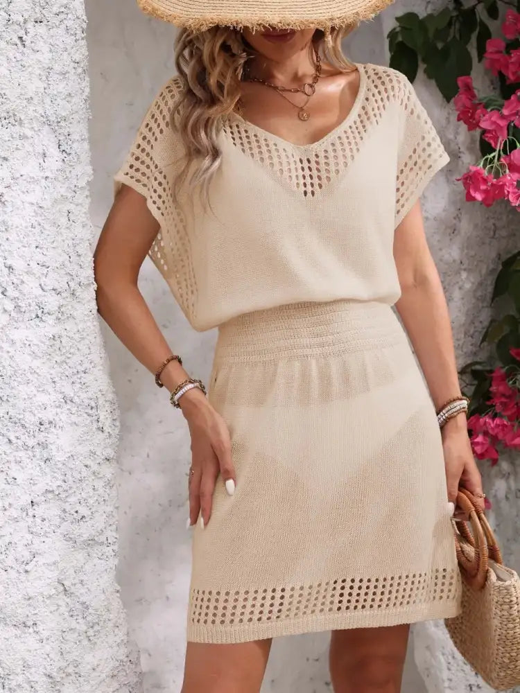 Openwork V-Neck Short Sleeve Cover-Up Dress