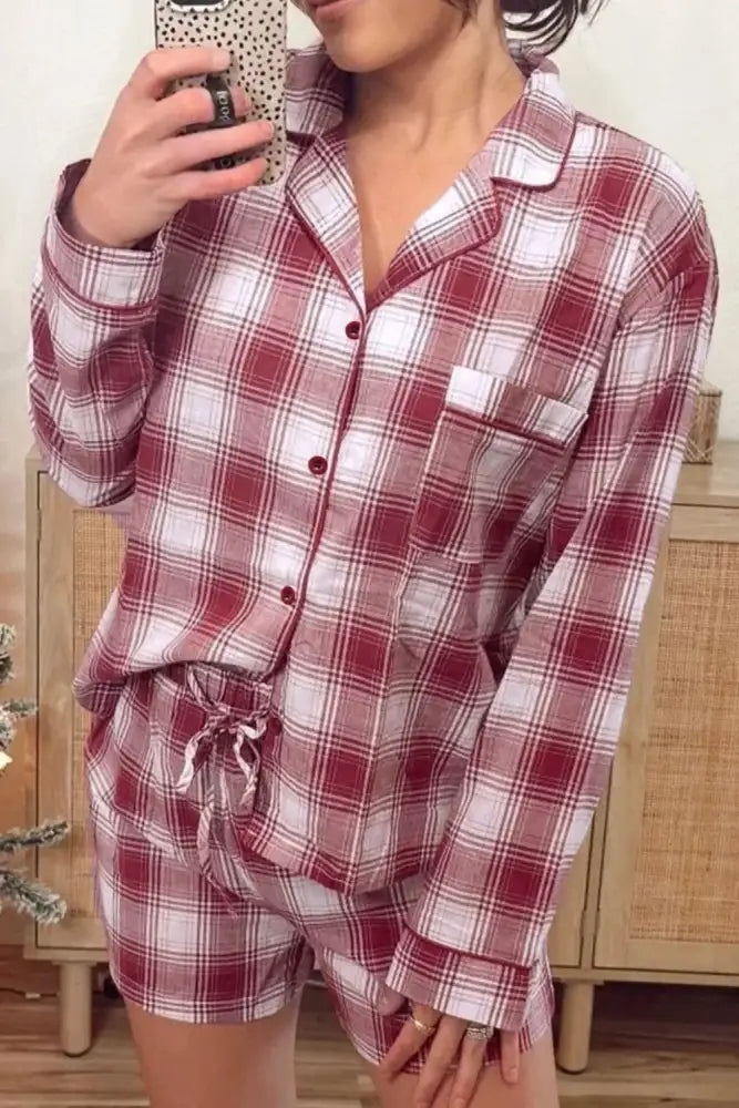 Plaid Long Sleeve Shirt and Drawstring Shorts Lounge Set
