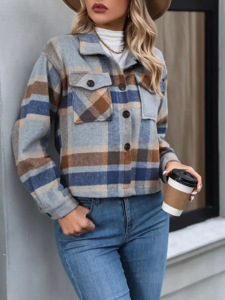 Plaid Oversized Button-Up Cropped Jacket