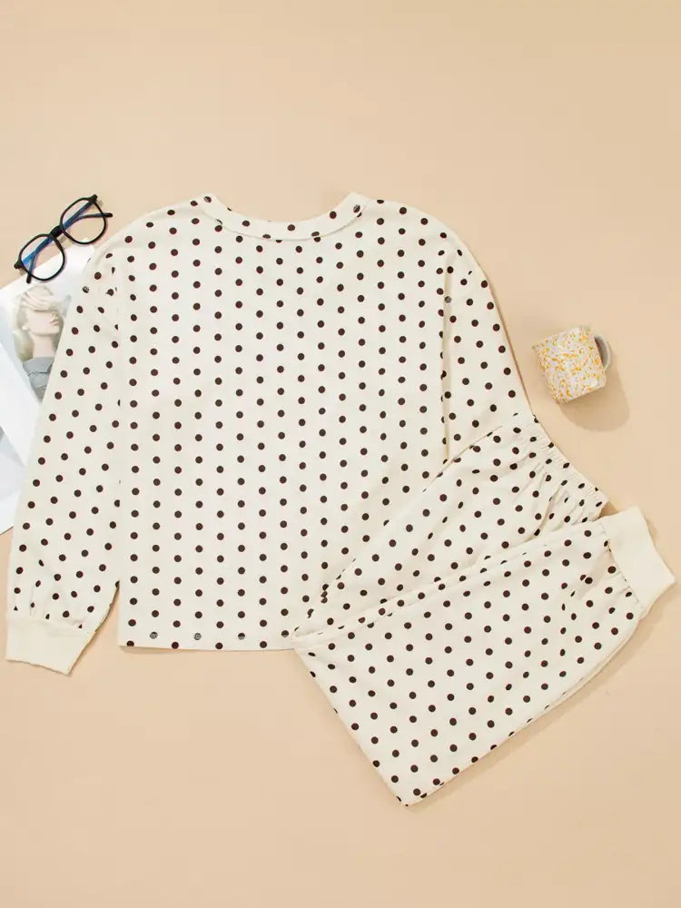 Polka Dot Notched Long Sleeve Top and Drawstring Joggers Lounge Set
