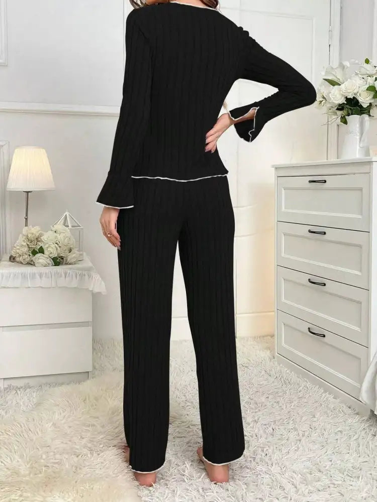 Ribbed Bow Front Top and Pants Lounge Set