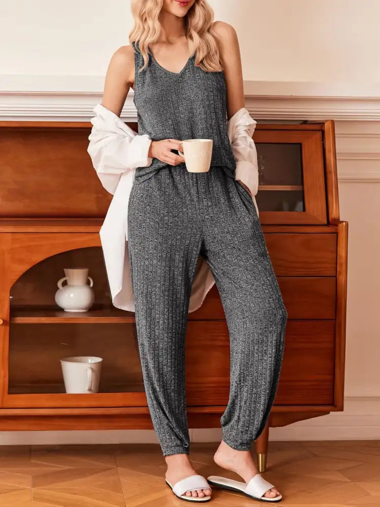 Ribbed Knit V-Neck Tank and Pants Lounge Set