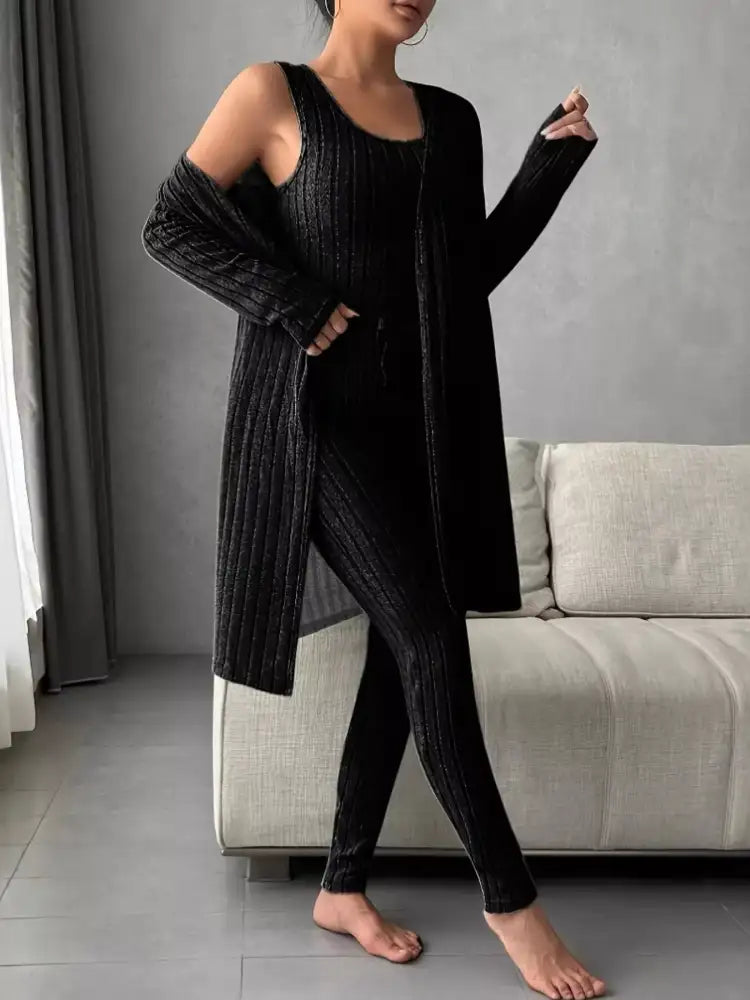 Ribbed Tank Long Sleeve Cardigan and Pants 3 Piece Lounge Set