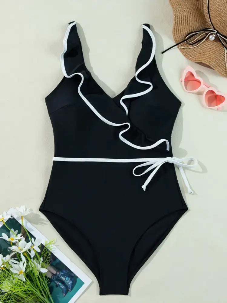 Ruffle Trim V-Neck One-Piece Swimsuit