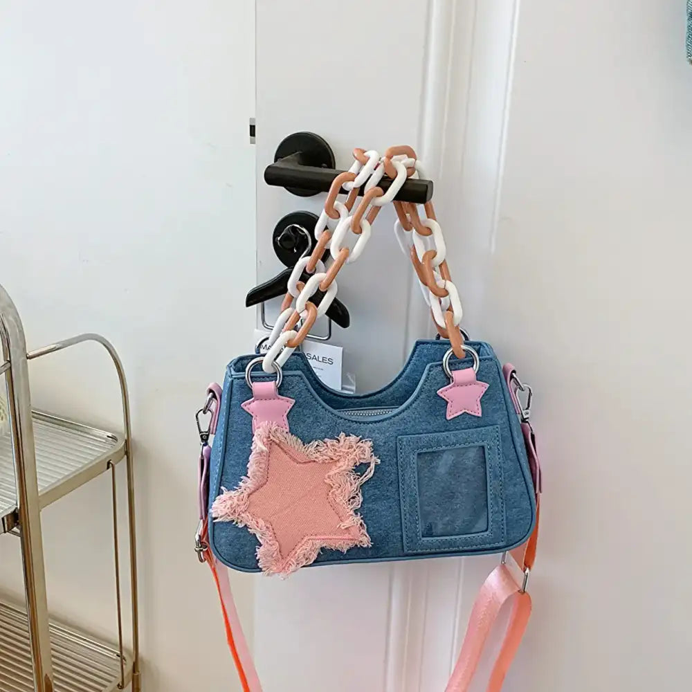 Star Patch Shoulder Bag with Chunky Chain