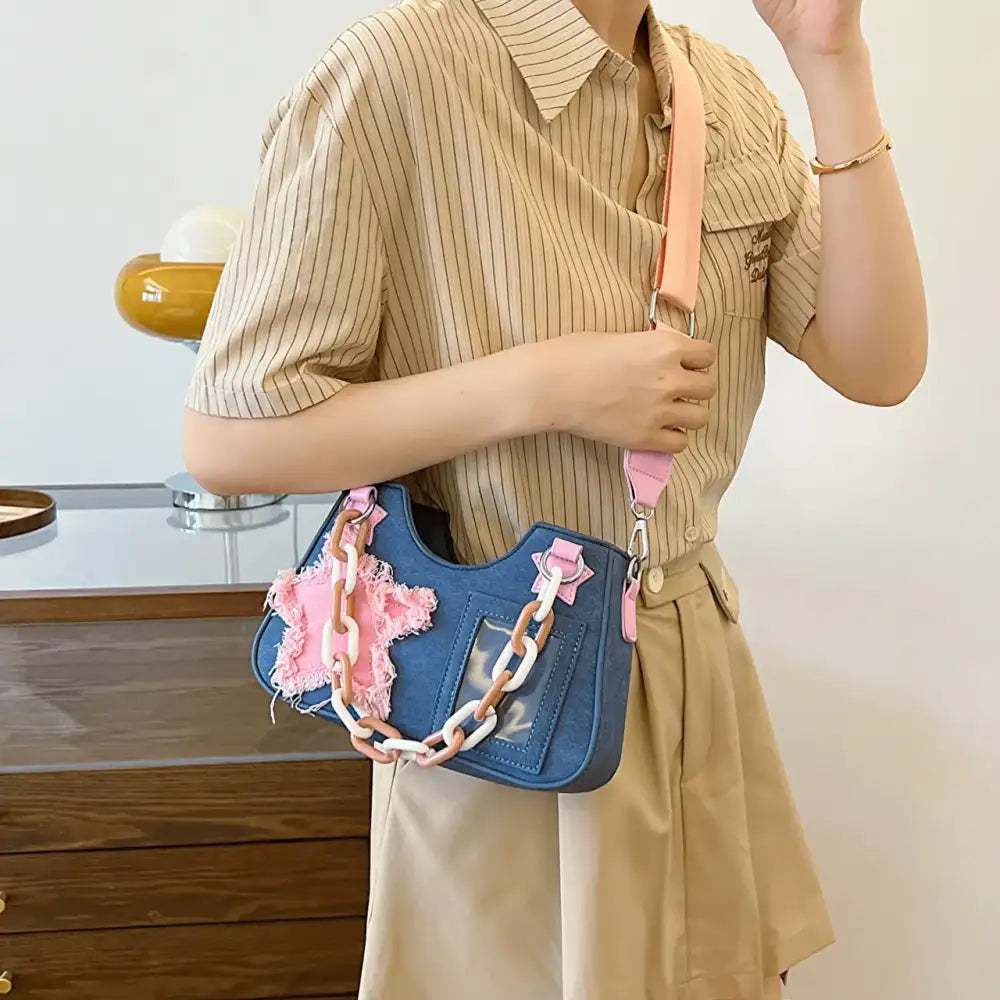 Star Patch Shoulder Bag with Chunky Chain