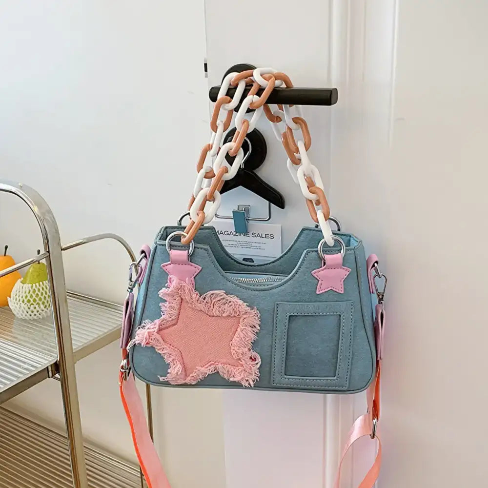 Star Patch Shoulder Bag with Chunky Chain