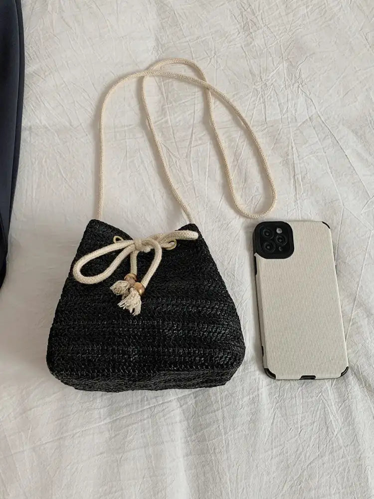Straw Braided Drawstring Bucket Bag