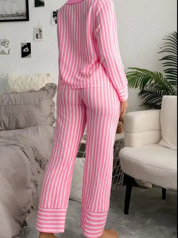 Stripe Buttoned Front Long Sleeve Top and Pants 2 Piece Sleepwear