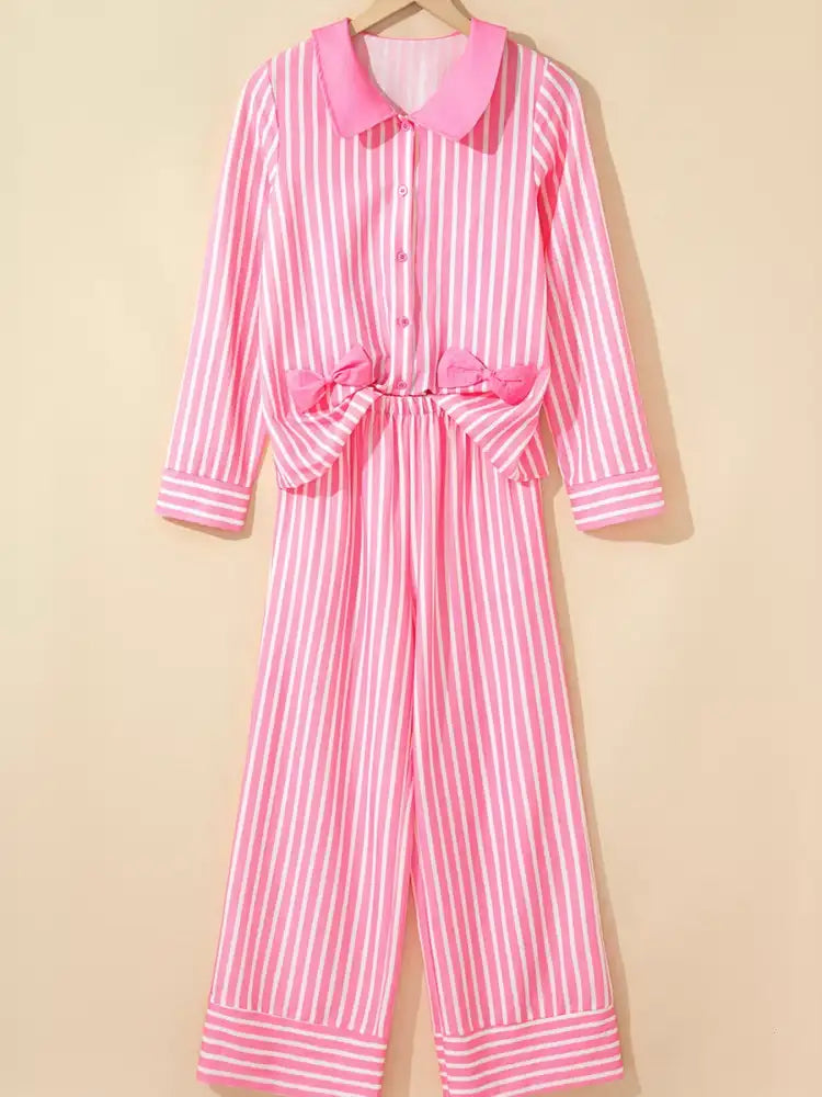 Stripe Buttoned Front Long Sleeve Top and Pants 2 Piece Sleepwear