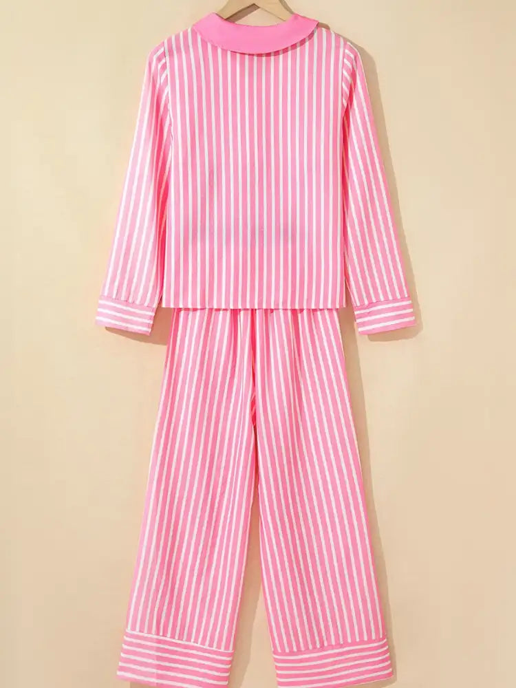 Stripe Buttoned Front Long Sleeve Top and Pants 2 Piece Sleepwear