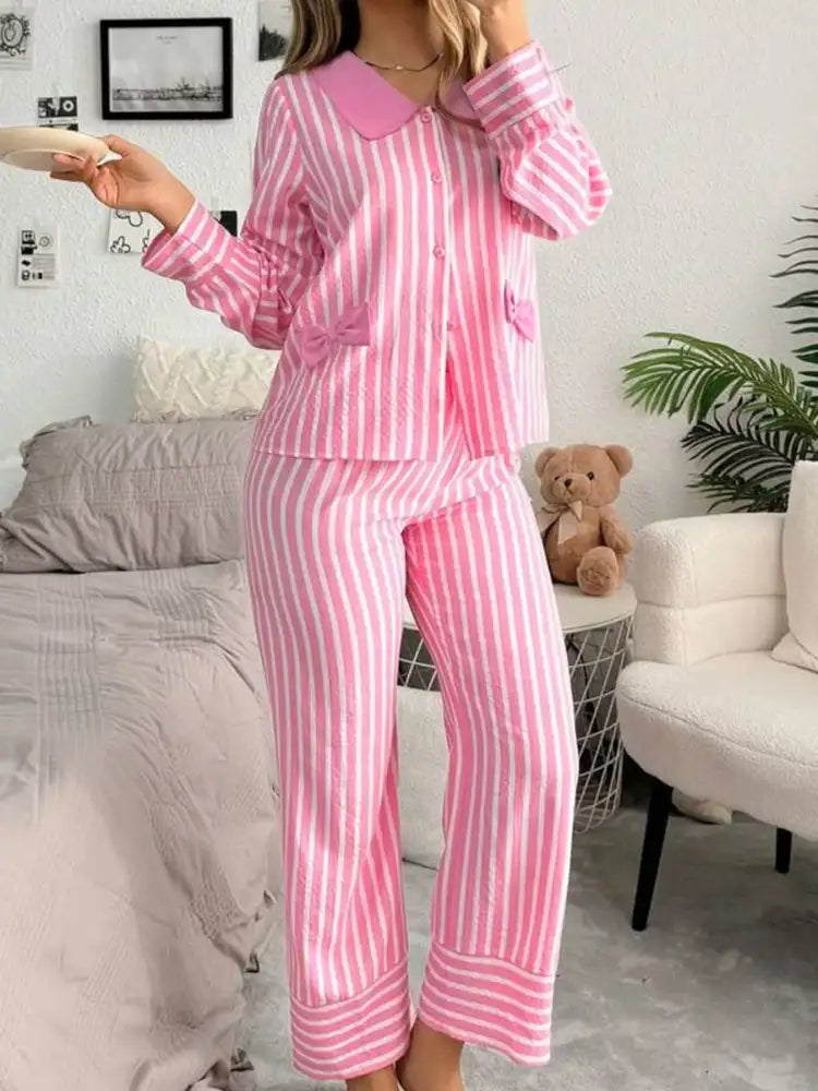 Stripe Buttoned Front Long Sleeve Top and Pants 2 Piece Sleepwear