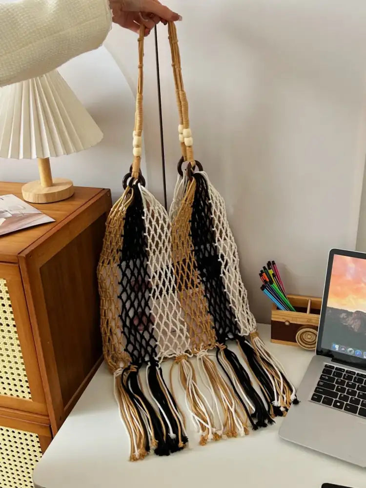 Woven Fringe Shoulder Bag with Wooden Handle