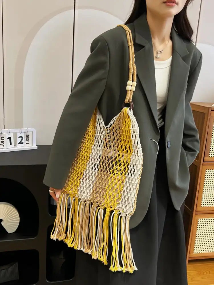 Woven Fringe Shoulder Bag with Wooden Handle
