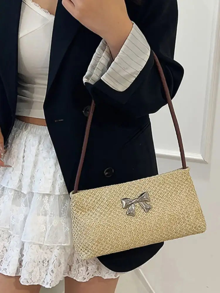 Woven Straw Shoulder Bag with Bow Detail