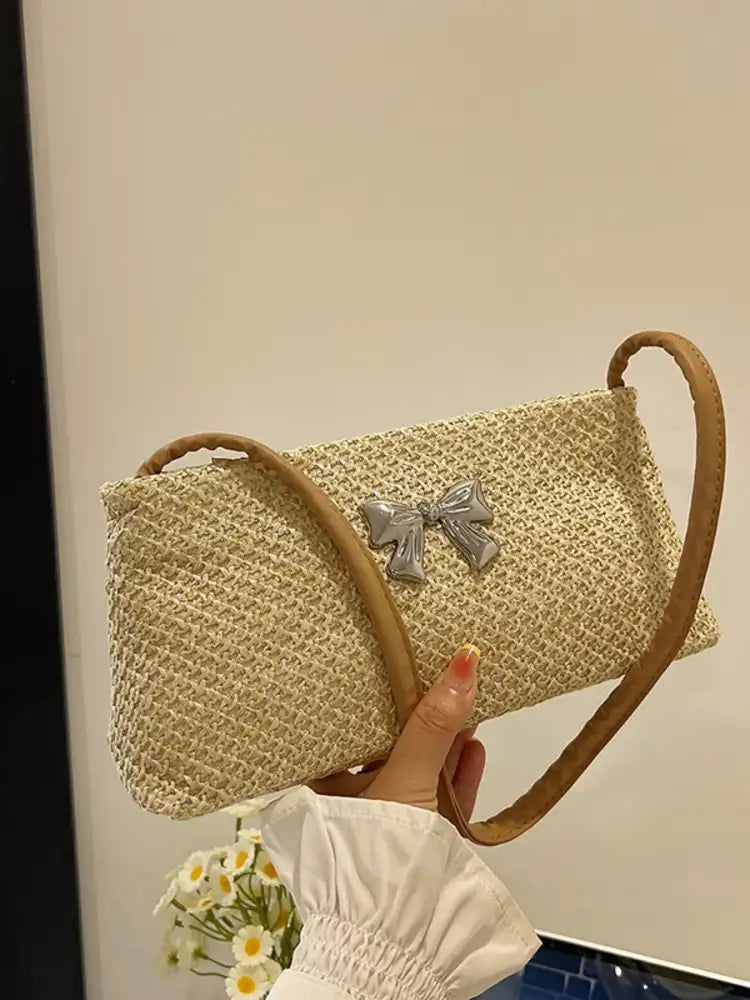 Woven Straw Shoulder Bag with Bow Detail
