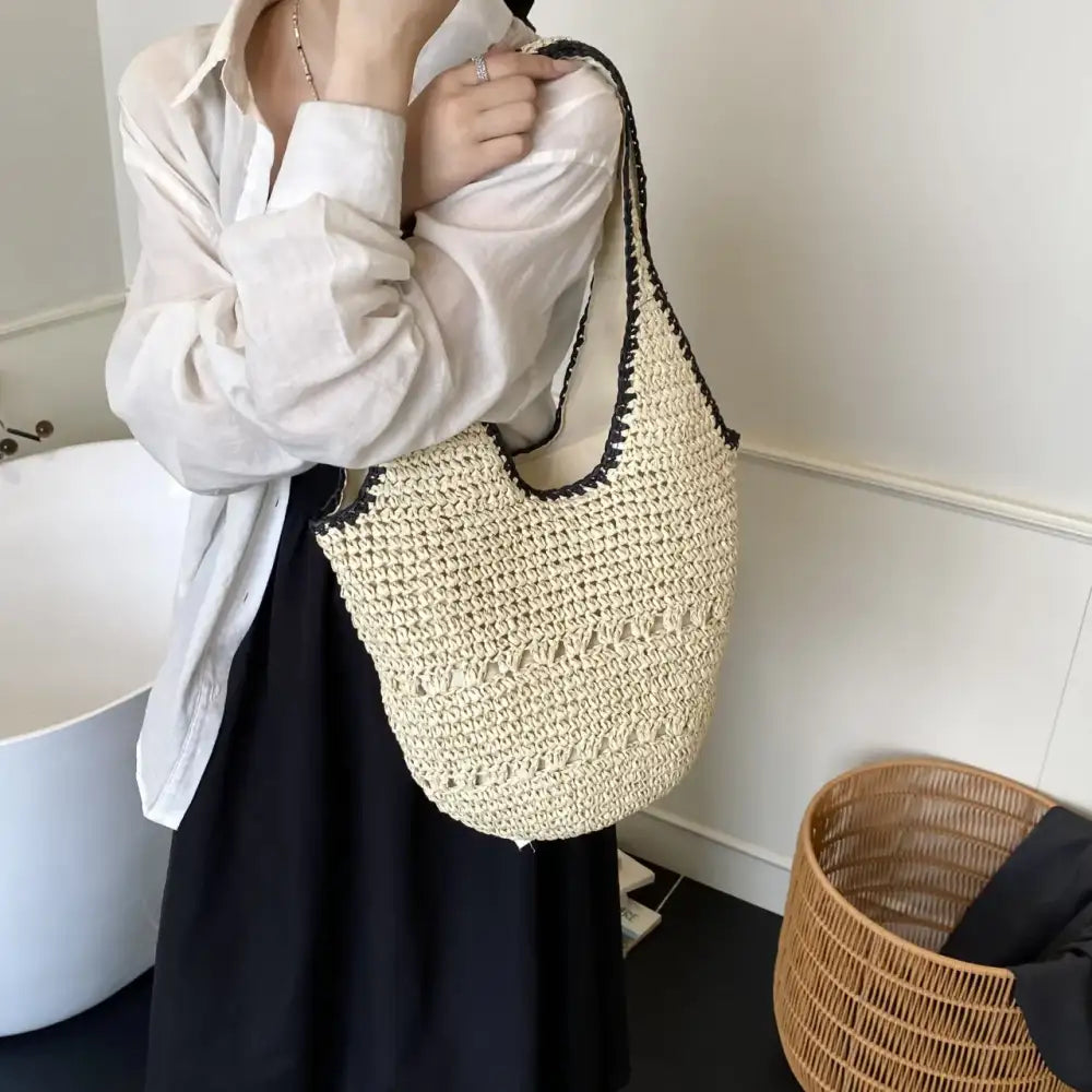 Woven Straw Shoulder Bag with Contrast Trim