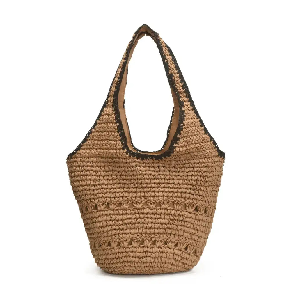 Woven Straw Shoulder Bag with Contrast Trim