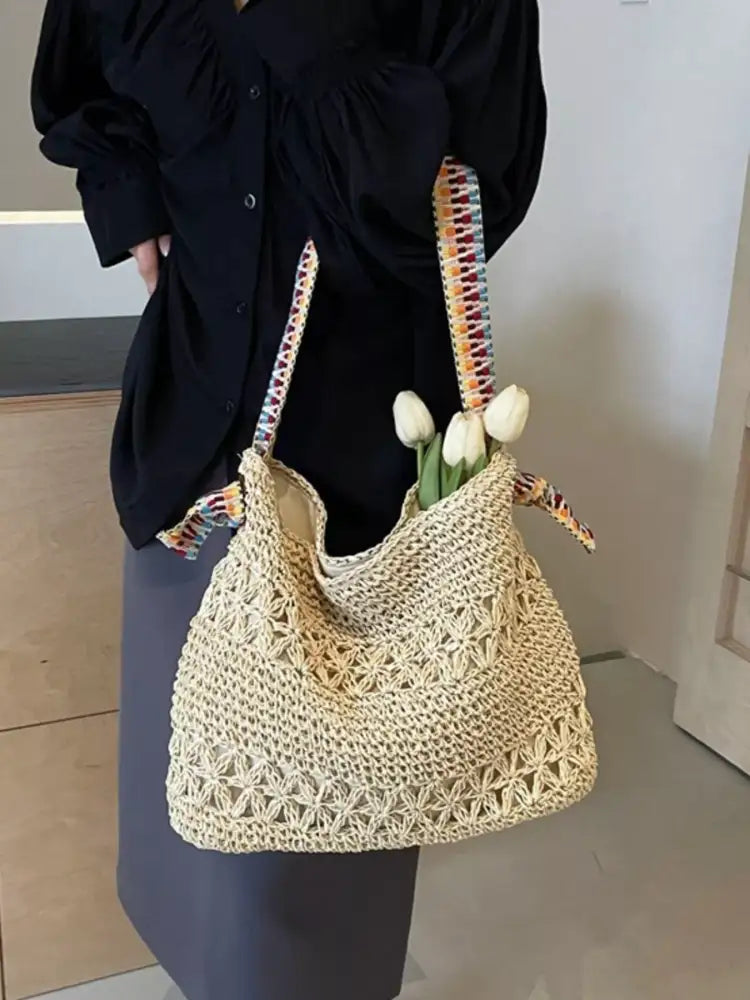 Woven Straw Shoulder Bag with Striped Handles