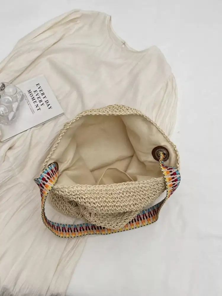 Woven Straw Shoulder Bag with Striped Handles