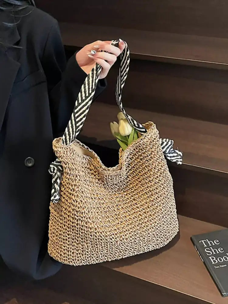 Woven Straw Shoulder Bag with Striped Handles
