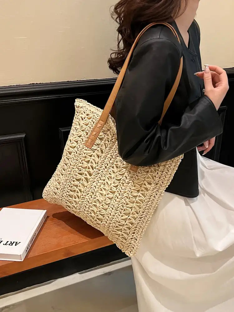 Woven Straw Summer Shoulder Bag with Leather Handles
