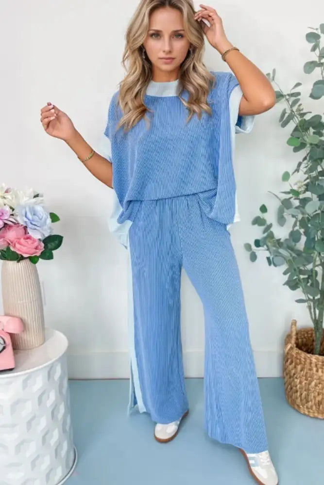 2-tone Colorblock Patchwork Corded 2pcs Outfit