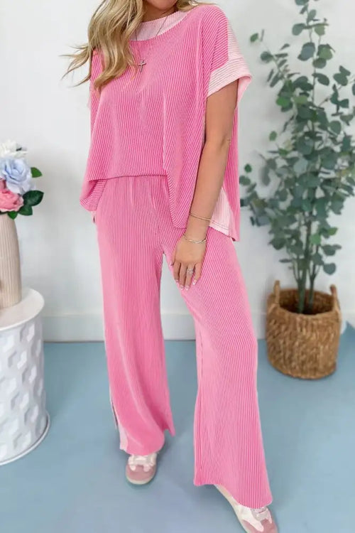 2-tone Colorblock Patchwork Corded 2pcs Outfit