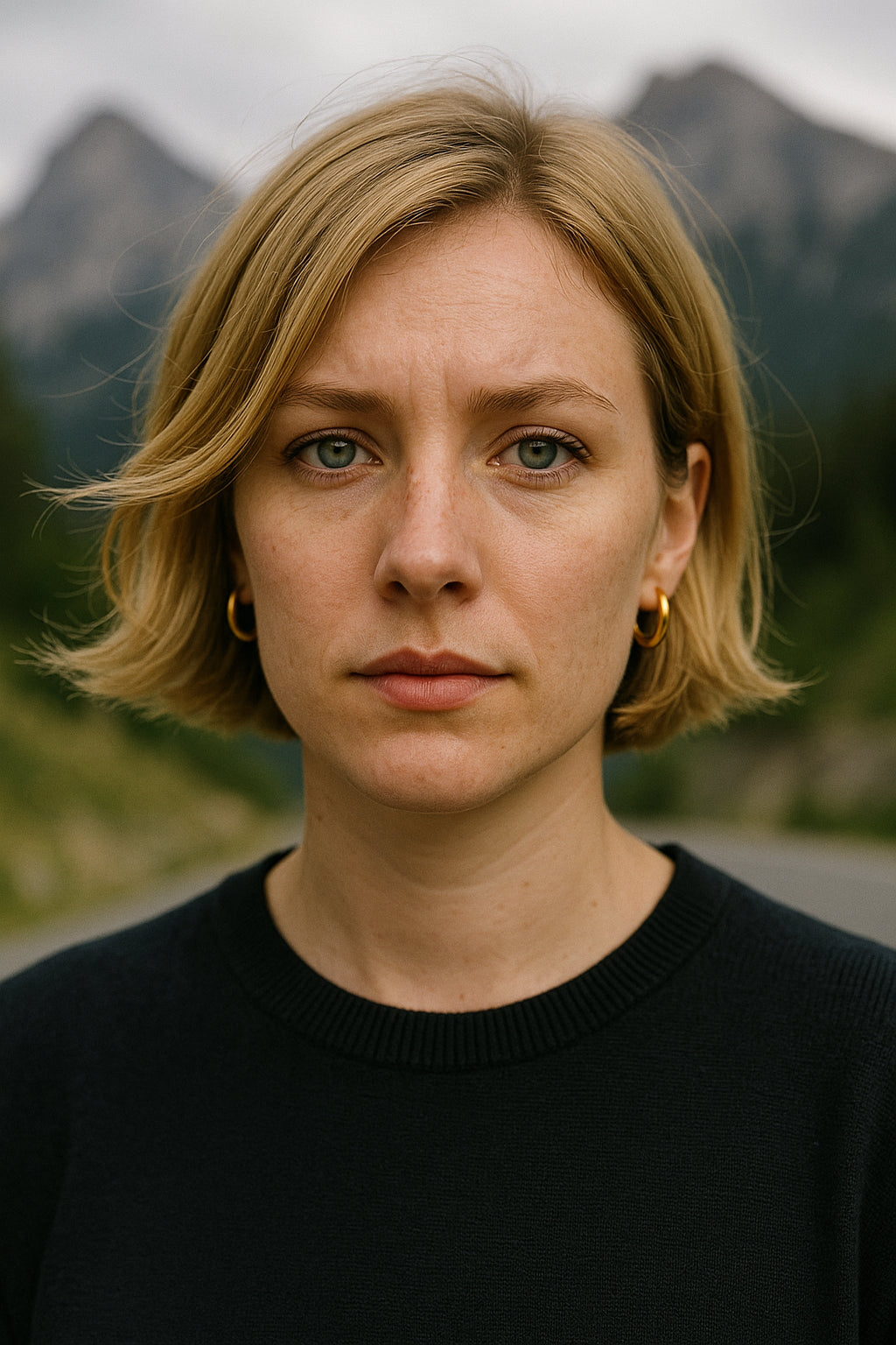 Person with short blonde hair standing in front of a mountainous landscape