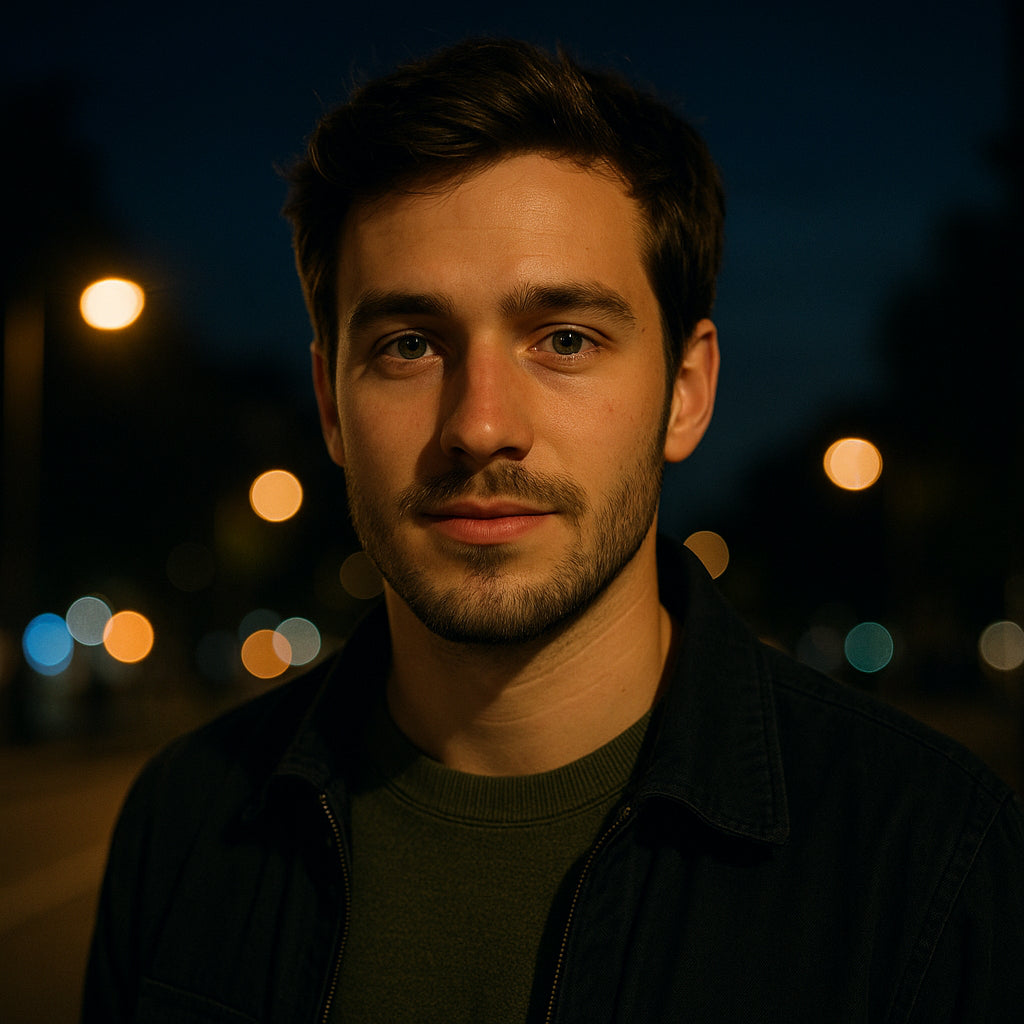 Man with a beard and dark hair against a night-time cityscape with blurred lights.
