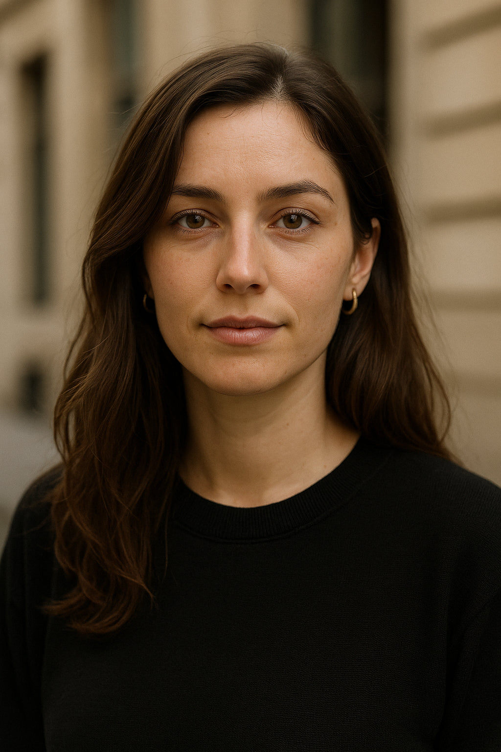 Woman with long brown hair wearing a black top against a neutral background