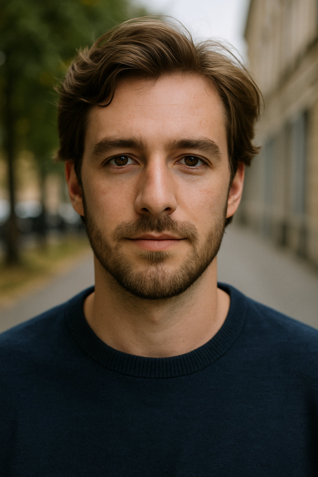 Man with a beard wearing a dark blue sweater outdoors