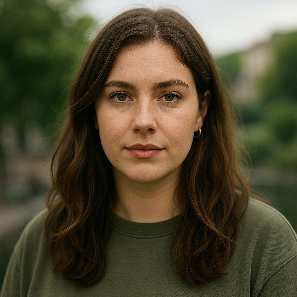 Woman with long brown hair wearing a green shirt against a blurred natural background