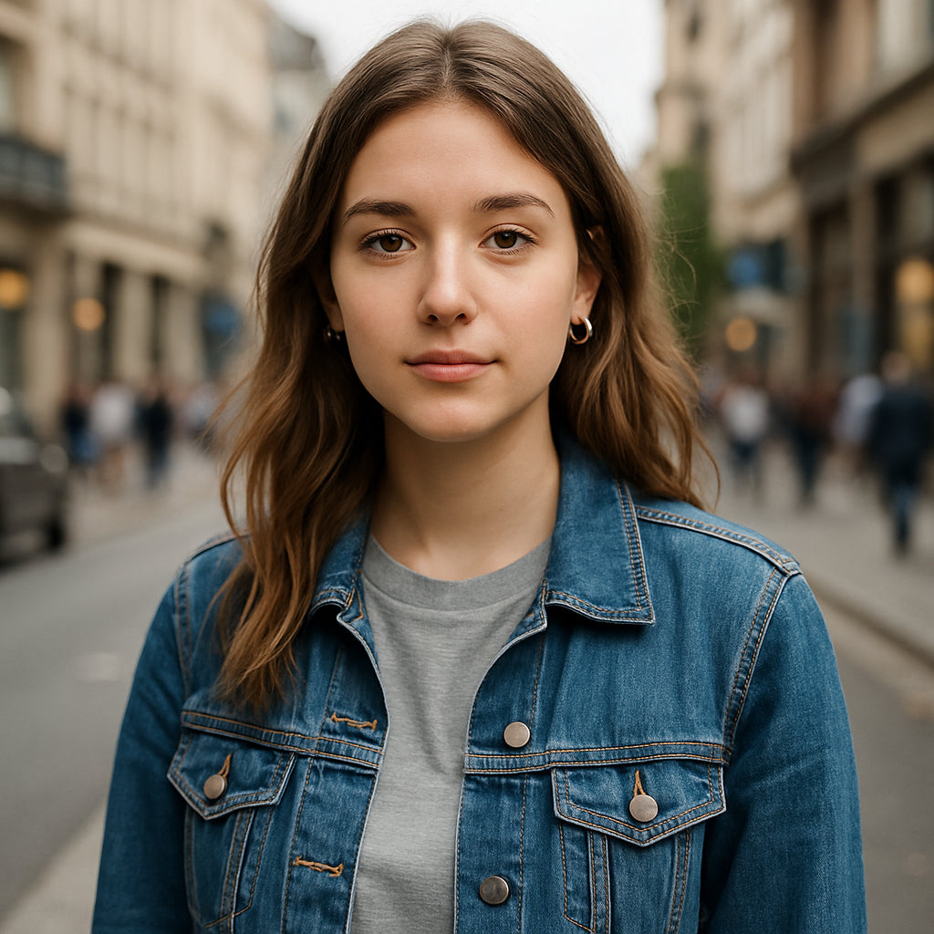 Woman wearing a denim jacket on a city street