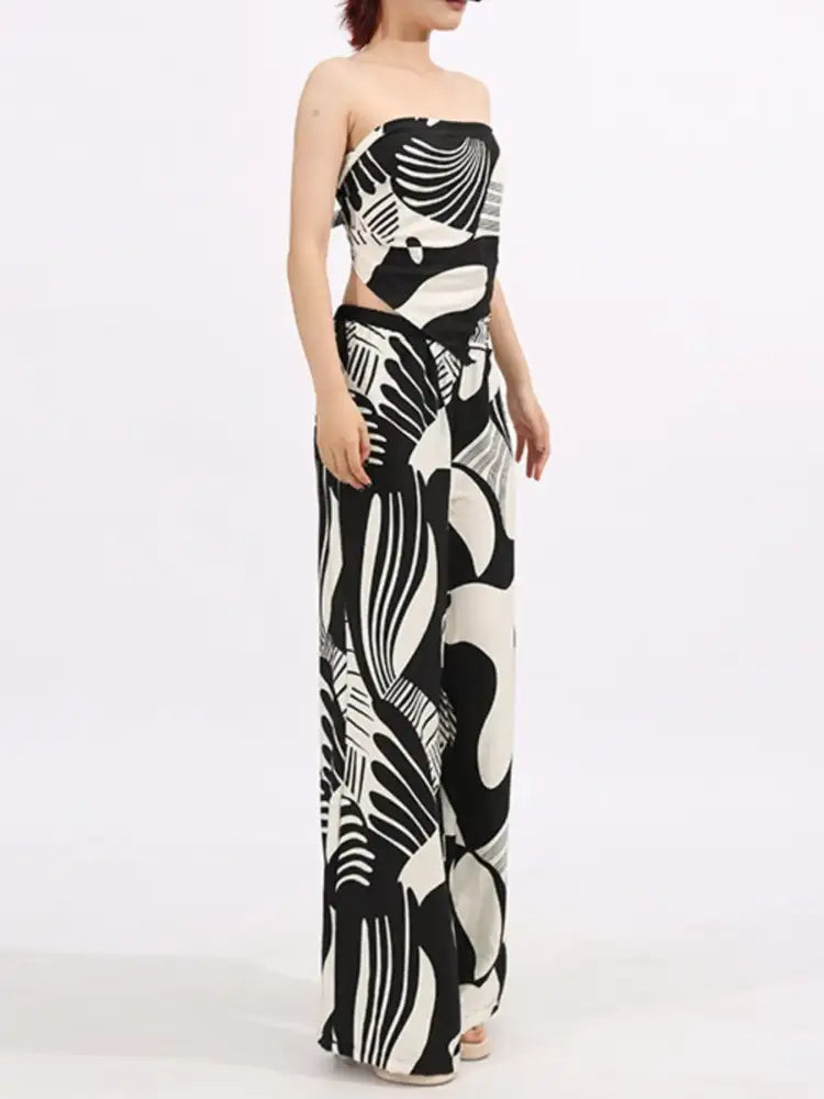 Abstract Print Tube Top and Wide Leg Pants Two-Piece Set
