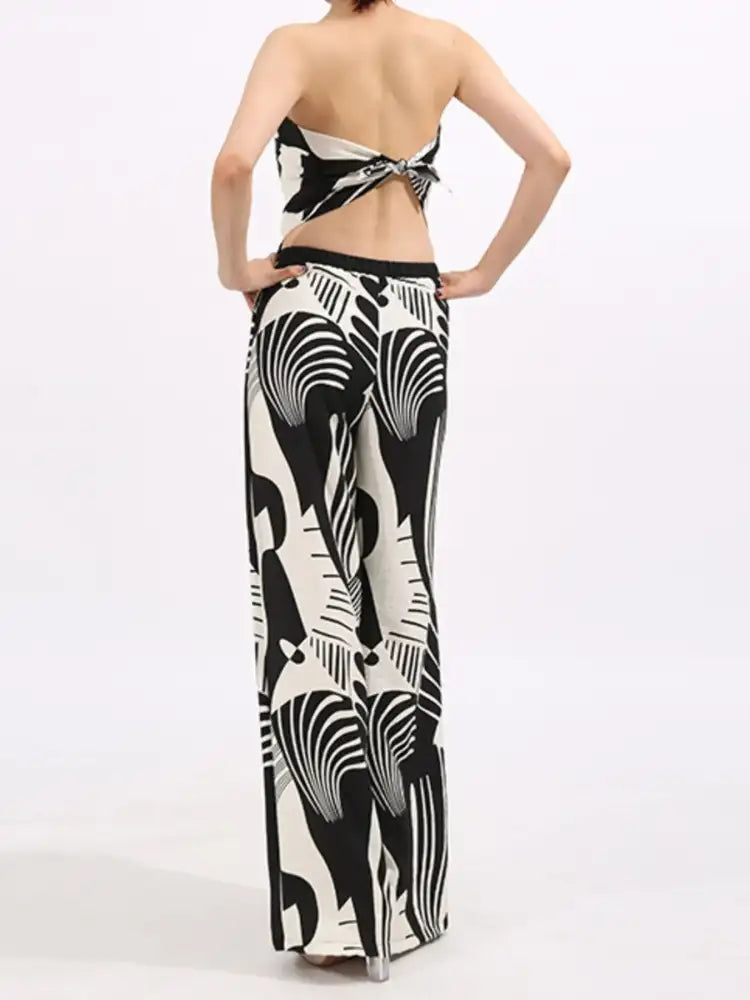 Abstract Print Tube Top and Wide Leg Pants Two-Piece Set
