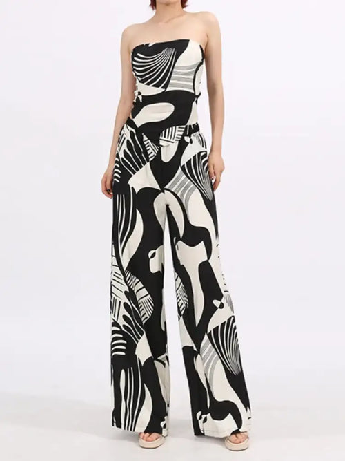 Abstract Print Tube Top and Wide Leg Pants Two-Piece Set