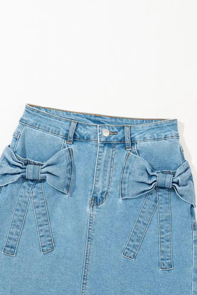 Acid Wash Bowknot Details High Waist Denim Skirt