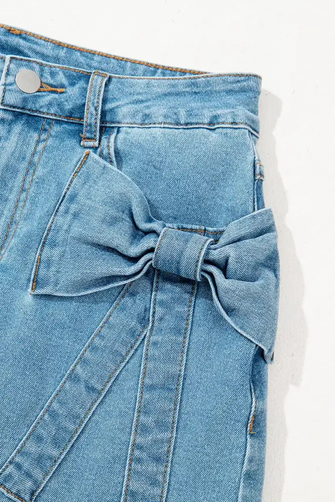 Acid Wash Bowknot Details High Waist Denim Skirt