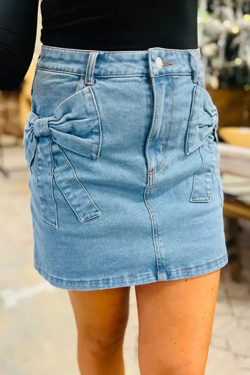 Acid Wash Bowknot Details High Waist Denim Skirt