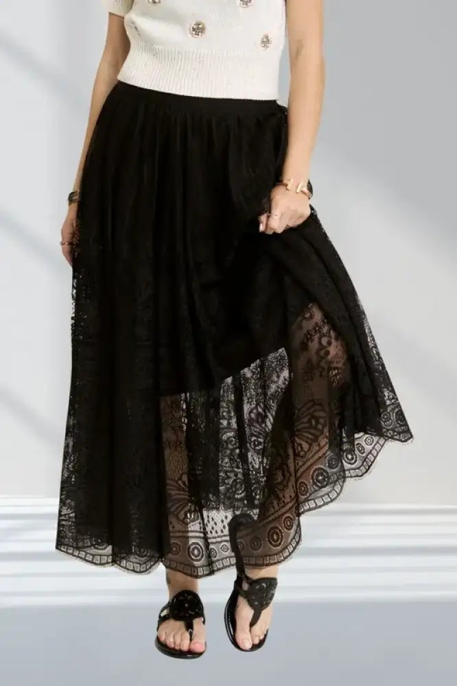 ADORA Elastic Waist Raw Hem Lace Maxi Skirt