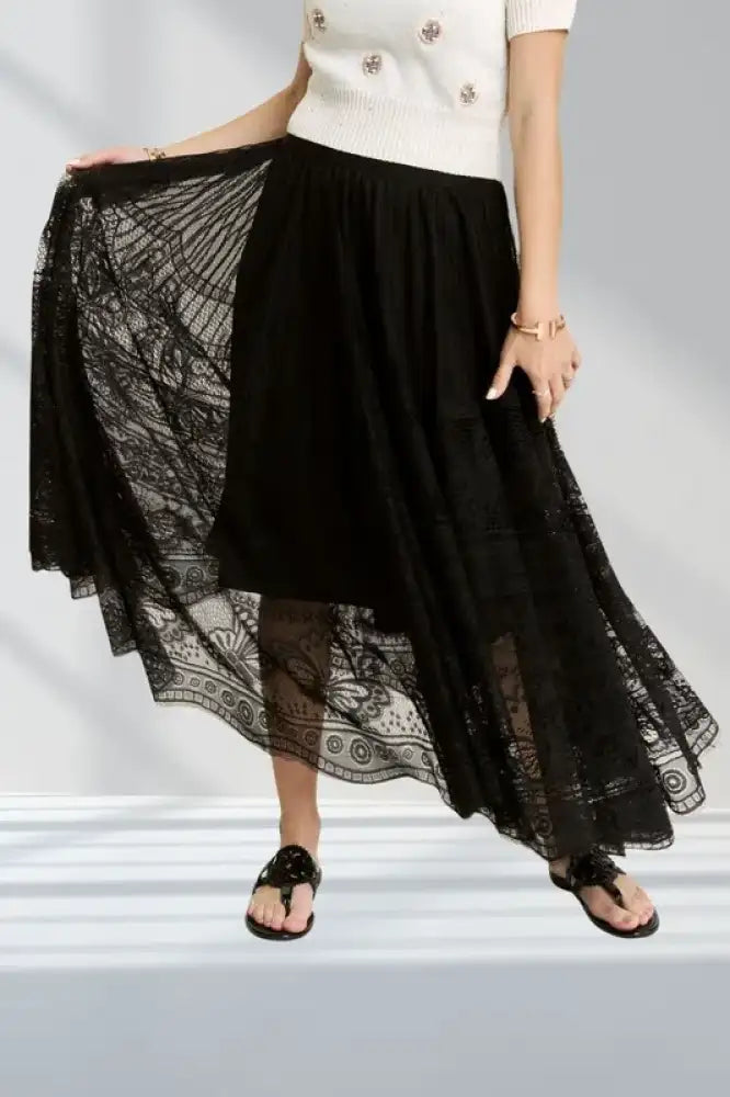 ADORA Elastic Waist Raw Hem Lace Maxi Skirt
